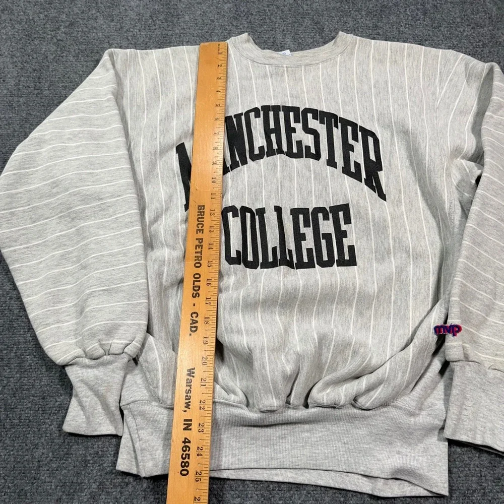 VTG MVP Pro Weave Manchester College Sweatshirt Mens L Pinstripe Grey USA Made